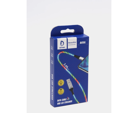  USB-кабель Denmen D25L, Apple 8 pin, силикон, 1.0 м, круглый, с подсветкой, розовый, фирменная упаковка 