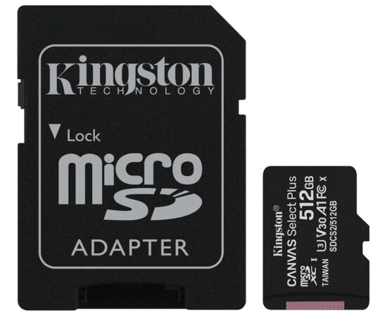 Карта памяти Kingston SDCS2/512GB microSDXC Canvas Select Plus 512GB UHS-I Class U3 V30 A1 с адаптером 
