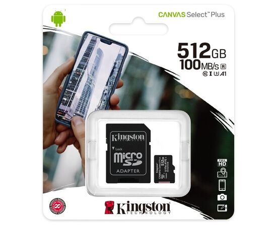  Карта памяти Kingston SDCS2/512GB microSDXC Canvas Select Plus 512GB UHS-I Class U3 V30 A1 с адаптером 