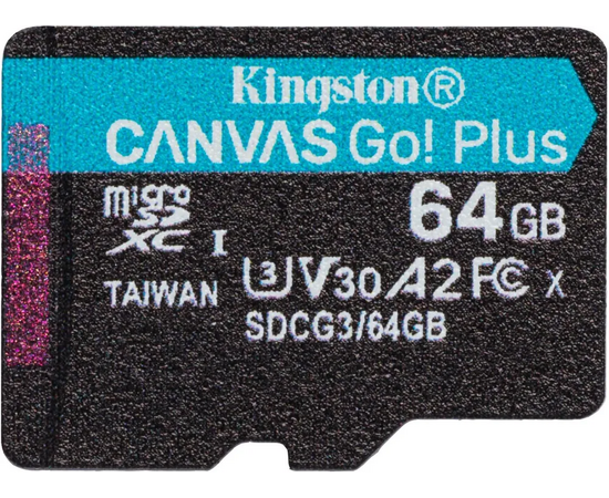  MicroSD  64GB  Kingston Class 10 Canvas Go Plus UHS-I U3 V30 A2 (170/70 Mb/s) + SD адаптер 