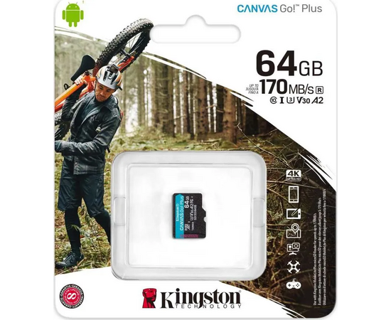  MicroSD  64GB  Kingston Class 10 Canvas Go Plus UHS-I U3 V30 A2 (170/70 Mb/s) + SD адаптер 