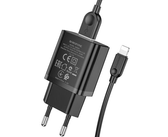  Сетевое зарядное устройство BOROFONE BA52A Gamble 1xUSB с Кабелем USB - Lightning, 2.1A, 10W, черный 