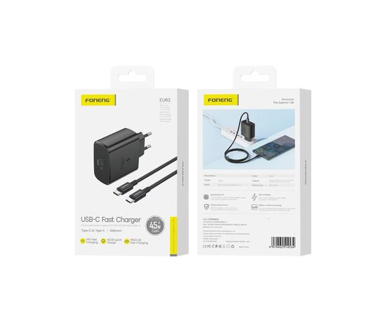  СЗУ Foneng EU62 GaN USB-C, QC 3.0, 45W + кабель Type-C - Type-C (Black) 